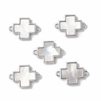 Brass Connector Charms, with Freshwater Shell, Nickel Free, Religion Cross Links, Platinum, 12.5x17.5x2.5mm, Hole: 1.4mm