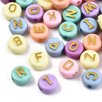 Opaque Acrylic Beads, Metal Enlaced, Flat Round with Golden Letter, Mixed Color, 10x6mm, Hole: 2mm, about 620pcs/200g