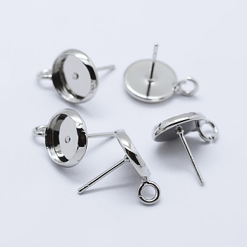 Brass Stud Earring Settings, with Loop, Flat Round, Platinum, Tray: 8mm, 14x10mm, Hole: 2mm, Pin: 0.8mm
