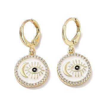 Real 18K Gold Plated Brass Dangle Leverback Earrings, with Enamel and Cubic Zirconia, Evil Eye & Moon, White, 29x14mm