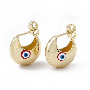 Enamel Crescent Moon with Evil Eye Stud Earrings, Real 18K Gold Plated Brass Half Hoop Earrings for Women, FireBrick, 16.5x18mm, Pin: 1mm