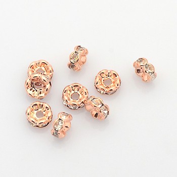 Brass Rhinestone Spacer Beads, Grade AAA, Wavy Edge, Nickel Free, Rose Gold, Rondelle, Crystal, 6x3mm, Hole: 1mm