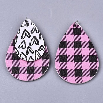 PU Leather Big Pendants, with Platinum Tone Iron Jump Rings, Teardrop with Heart, Pearl Pink, 55x36.5x3mm, Hole: 5mm