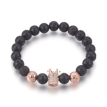 Stretch Bracelets, with Long-Lasting Plated Electroplated Natural Lava Rock, Natural Lava Rock and Brass Cubic Zirconia Beads, Crown, Rose Gold, 2-1/4 inch(5.65cm)