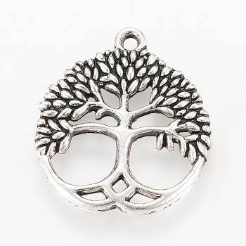 Tibetan Style Alloy Pendants, Flat Round with Tree, Cadmium Free & Lead Free, Antique Silver, 26x23x2.5mm, Hole: 2mm