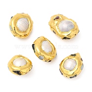 Baroque Style Natural Keshi Pearl Oval Beads, Long-Lasting Plated, with Golden Plated Brass Edge and Natural Tourmaline, Seashell Color, 21~24x18~20x12~12.5mm, Hole: 0.8mm(KK-M251-12G)