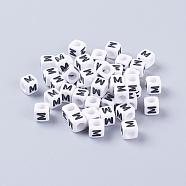 Acrylic Horizontal Hole Letter Beads, Cube, White, Letter M, Size: about 6mm wide, 6mm long, 6mm high, hole: about 3.2mm, about 2600pcs/500g(PL37C9308-M)