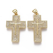 Brass Micro Pave Cubic Zirconia Pendants, Cross, Clear, Real 18K Gold Plated, 29x19x2.5mm, Hole: 3.5x4.5mm(ZIRC-F115-11G)