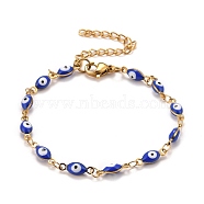 Enamel Horse Eye Link Chains Bracelet, Vacuum Plating 304 Stainless Steel Jewelry for Women, Golden, Blue, 6-3/4 inch(17.1cm)(BJEW-P271-05G-01)