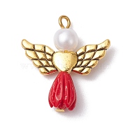 Resin Imitation Pearl Pendants, Rose Angel Charms with Antique Golden Plated Alloy Heart Wings, Red, 23.5~24x22x6.5mm, Hole: 1.8~2.2mm(PALLOY-JF02565-01)