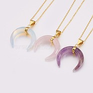 Natural & Synthetic Mixed Stone Pendant Necklaces, with Brass Chain and Spring Ring Clasps, Double Horn/Crescent Moon, Golden, 18.11 inch(46cm), 1.6mm, Pendant: 35x33x10mm(NJEW-JN02140)
