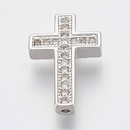 Brass Micro Pave Cubic Zirconia Beads, Cross, Clear, Platinum, 15.5x10x2.5mm, Hole: 1mm(ZIRC-S058-81P)