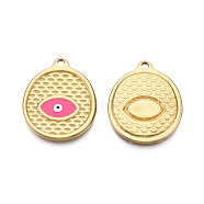 304 Stainless Steel Enamel Pendants, Real 18K Gold Plated, Oval with Evil Eye, Hot Pink, 24x20x2mm, Hole: 1.8mm(STAS-N092-146A)