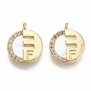 Natural Freshwater Shell Charms, with Brass Findings and Clear Cubic Zirconia, Nickel Free, Loops, Flat Round with Letter F, Real 18K Gold Plated, 12x10x1.5mm, Hole: 1.5mm(KK-S356-203G-NF)