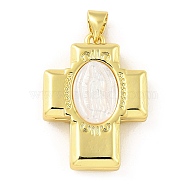 Rack Plating Brass Pendant, with Shell, Long-Lasting Plated, Lead Free & Cadmium Free, Cross with Saint, Real 18K Gold Plated, 25x18x6.5mm, Hole: 4.5x3.5mm(KK-H456-15G)