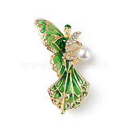 Butterfly Fairy Enamel Pin with Crystal Rhinestone, Style, Light Gold Alloy Badge with Plastic Pearl Beaded for Women, Green, 50.5x32x13.5mm(JEWB-P016-02LG-02)