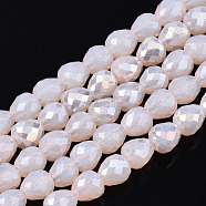 Electroplate Glass Beads Strands, Imitation Jade Glass, AB Color Plated, Faceted, Teardrop, Pink, 4.5x4.5mm, Hole: 1mm, about 100~101pcs/strand, 17.87 inch~18.03 inch(45.4cm~45.8cm)(EGLA-T008-15B)