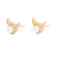 Cubic Zirconia Heart Wing Stud Earrings with Acrylic Pearl, Brass Jewelry for Women, Lead Free & Cadmium Free, Real 18K Gold Plated, 10.5x12mm, Pin: 0.8mm(EJEW-F282-29G)