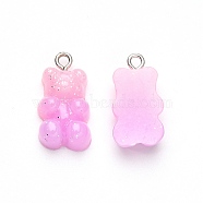Gradient Color Opaque Resin Pendants, with Glitter Powder and Platinum Tone Iron Peg Bails, Bear, Pearl Pink, 21x11x6.5mm, Hole: 2.0mm(RESI-R433-02D)