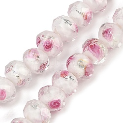 Handmade Gold Sand Lampwork Beads Strands, Inner Flower, Faceted, Rondelle, White, 10x7.5mm, Hole: 1.6mm, about 60pcs/strand, 17.72''(45cm)(LAMP-R141-10mm-24)