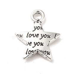 Tibetan Style Alloy Charms, Star with Word Love You Charms, Antique Silver, 15x13x3mm, Hole: 1.8mm, about 909pcs/1000g(PALLOY-M198-30AS)