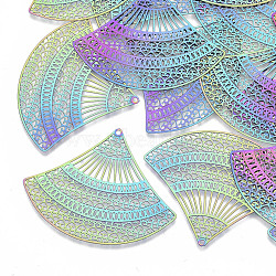 Ion Plating(IP) 201 Stainless Steel Filigree Pendants, Etched Metal Embellishments, Fan, Rainbow Color, 44x55x0.3mm, Hole: 1.4mm(STAS-R102-30)