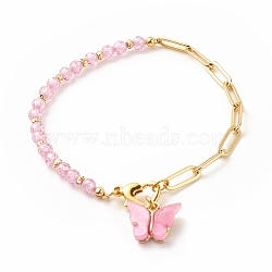 Cubic Zirconia Beads and Brass Paperclip Chains Bracelets, with Acrylic Charms and Brass Findings, Butterfly, Pearl Pink, 7-5/8 inch(19.3cm)(BJEW-JB08045-01)