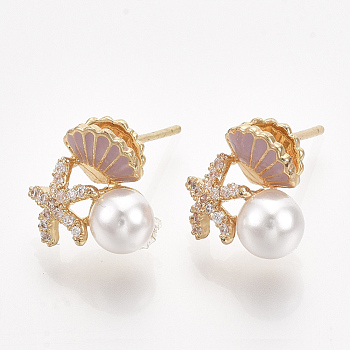 Brass Cubic Zirconia Earring Studs, with ABS Plastic Imitation Pearl and Enamel, Shell & Starfish/Sea Stars, Real 18K Gold Plated, Old Rose, 13x11.5mm, Pin: 0.8mm