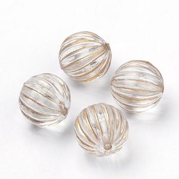Plating Transparent Acrylic Beads, Golden Metal Enlaced, Corrugated Round, Clear, 14mm, Hole: 2mm, about 340pcs/500g