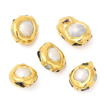 Baroque Style Natural Keshi Pearl Oval Beads, Long-Lasting Plated, with Golden Plated Brass Edge and Natural Tourmaline, Seashell Color, 21~24x18~20x12~12.5mm, Hole: 0.8mm
