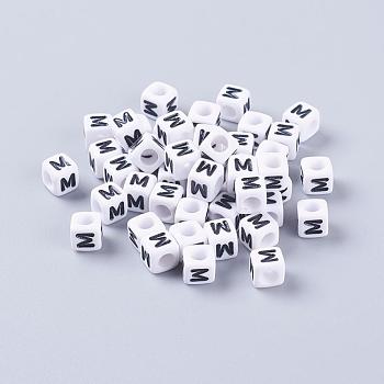 Acrylic Horizontal Hole Letter Beads, Cube, White, Letter M, Size: about 6mm wide, 6mm long, 6mm high, hole: about 3.2mm, about 2600pcs/500g