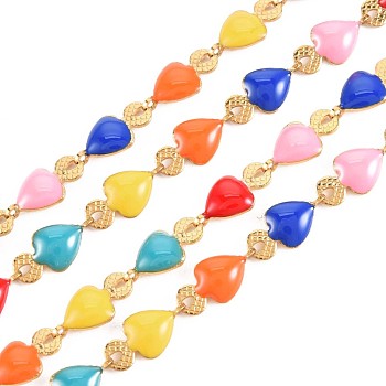 304 Stainless Steel Heart Link Chains, with Enamel, Real 18K Gold Plated, Soldered, Colorful, 10x5x1.5mm, about 3.28 Feet(1m)/Strand