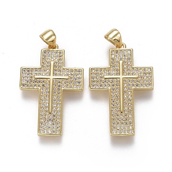 Brass Micro Pave Cubic Zirconia Pendants, Cross, Clear, Real 18K Gold Plated, 29x19x2.5mm, Hole: 3.5x4.5mm