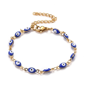Enamel Horse Eye Link Chains Bracelet, Vacuum Plating 304 Stainless Steel Jewelry for Women, Golden, Blue, 6-3/4 inch(17.1cm)
