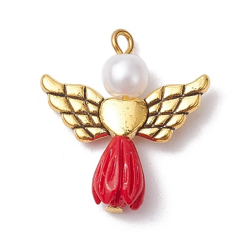 Resin Imitation Pearl Pendants, Rose Angel Charms with Antique Golden Plated Alloy Heart Wings, Red, 23.5~24x22x6.5mm, Hole: 1.8~2.2mm