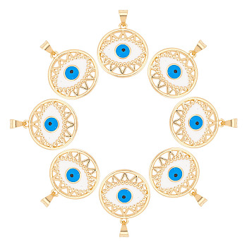 Brass Pendants, with Enamel, Flat Round with Evil Eye, Real 18K Gold Plated, 21x19x4mm, Hole: 3x4mm, 8pcs/box