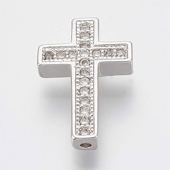 Brass Micro Pave Cubic Zirconia Beads, Cross, Clear, Platinum, 15.5x10x2.5mm, Hole: 1mm