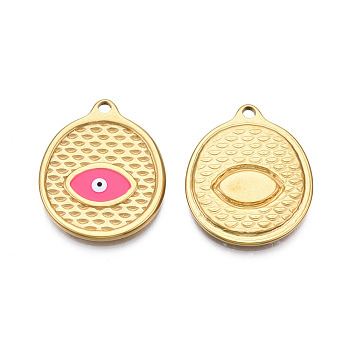 304 Stainless Steel Enamel Pendants, Real 18K Gold Plated, Oval with Evil Eye, Hot Pink, 24x20x2mm, Hole: 1.8mm