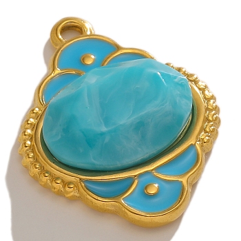 Stainless Steel Pendants, with Enamel and Resin, Golden, Flower Charm, Deep Sky Blue, 24x19mm, Hole: 1.9mm