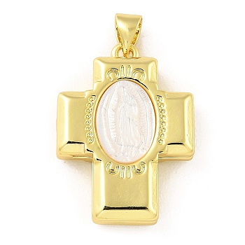 Rack Plating Brass Pendant, with Shell, Long-Lasting Plated, Lead Free & Cadmium Free, Cross with Saint, Real 18K Gold Plated, 25x18x6.5mm, Hole: 4.5x3.5mm