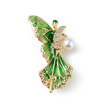 Butterfly Fairy Enamel Pin with Crystal Rhinestone, Style, Light Gold Alloy Badge with Plastic Pearl Beaded for Women, Green, 50.5x32x13.5mm
