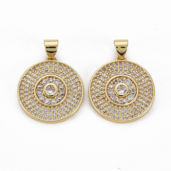 Brass Micro Pave Clear Cubic Zirconia Pendants, Nickel Free, Flat Round, Real 16K Gold Plated, 20x19x2.5mm, Hole: 3x5mm