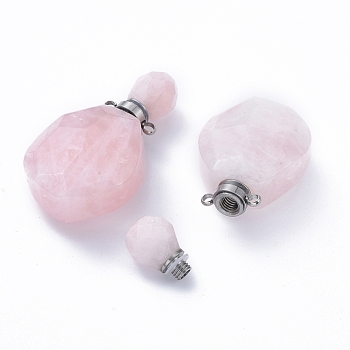Faceted Natural Rose Quartz Openable Perfume Bottle Pendants, with 304 Stainless Steel Findings, Stainless Steel Color, 38~39.5x22.5~23x11~13.5mm, Hole: 1.8mm, Bottle Capacity: 1ml(0.034 fl. oz)