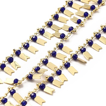 Glass Beaded Arrow Charm Chains, with Real 18K Gold Plated Brass Rope Chains, Soldered, with Spool, Blue, 1.5mm