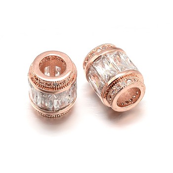 Column Brass Micro Pave Cubic Zirconia Large Hole Beads, Lead Free & Nickel Free & Cadmium Free, Clear, Real Rose Gold Plated, 12x10mm, Hole: 5.5mm