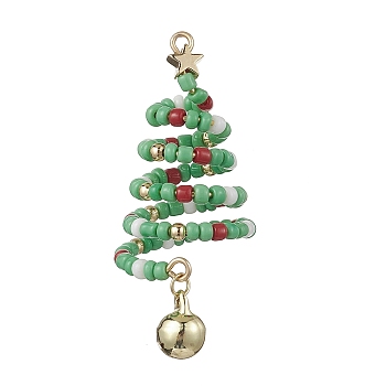 Glass Seed Beaded Christmas Tree Big Pendants, with Brass Bell & 304 Stainless Steel Jump Rings, Green, 52~56x24~25mm, Hole: 1.6~1.8mm