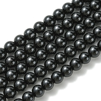 Eco-Friendly Glass Pearl Bead Strands, Round, Dyed, Cotton Cord Threaded, Black, 8mm, Hole: 1.2~1.5mm, about 52pcs/strand, 15.7 inch