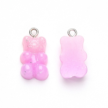 Gradient Color Opaque Resin Pendants, with Glitter Powder and Platinum Tone Iron Peg Bails, Bear, Pearl Pink, 21x11x6.5mm, Hole: 2.0mm