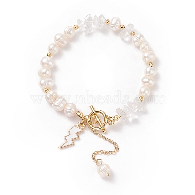Natural Mixed Stone Chips & Pearl Beaded Bracelet with Enamel Lighting Bolt Charms(BJEW-JB08332-M)-2