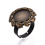 Adjustable Alloy & Iron Bezel Cup Ring Base with Rotatable Tray, Leaf & Flat Round Pad Ring Setting for Anxiety Relief Ring Making, Antique Bronze, 22x22mm, 17mm, Tray Size: 14mm(MAK-T012-01AB)